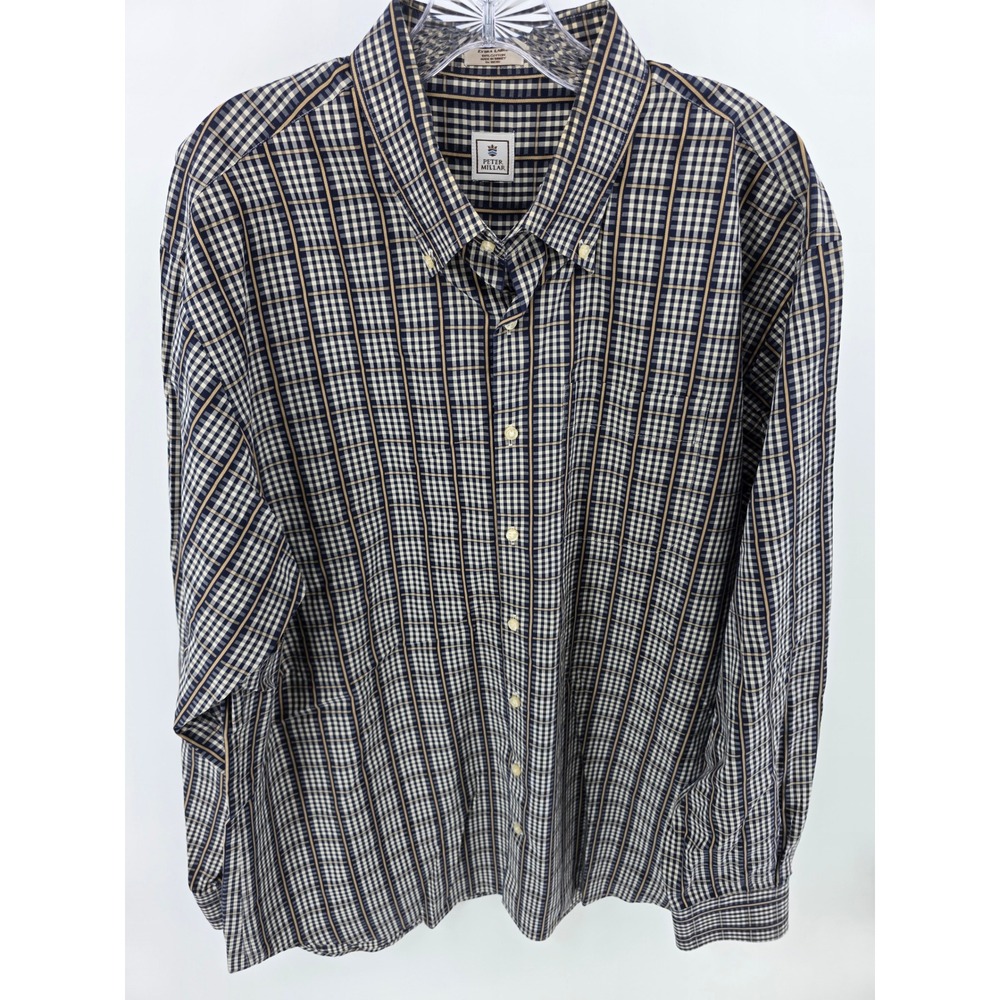 Peter Millar Mens XL Button Down Shirt Navy Tan Check Cotton Long Sleeve 3050